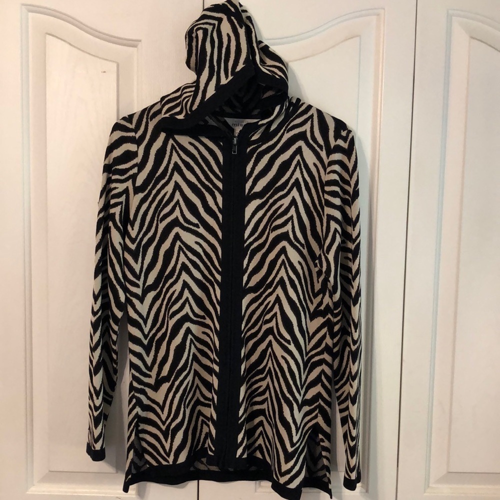 Exclusively Misook Zebra Animal Print Hooded Zipper Cardigan Size Small